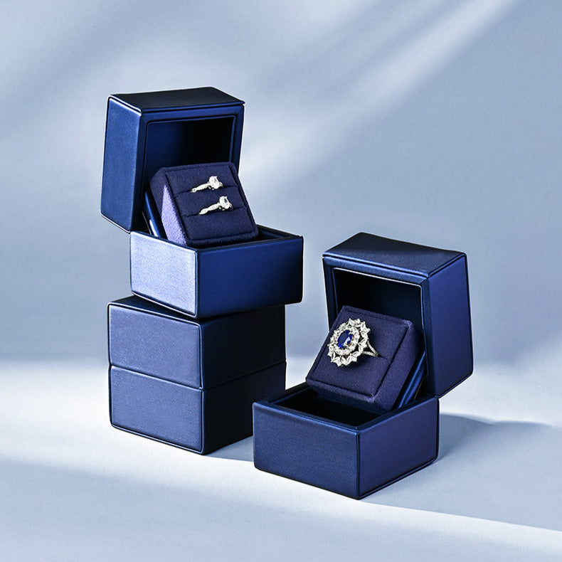 New Ring Storage Box Wedding Proposal Pair Ring Box Blue PU Leather Couple Ring Gift Box