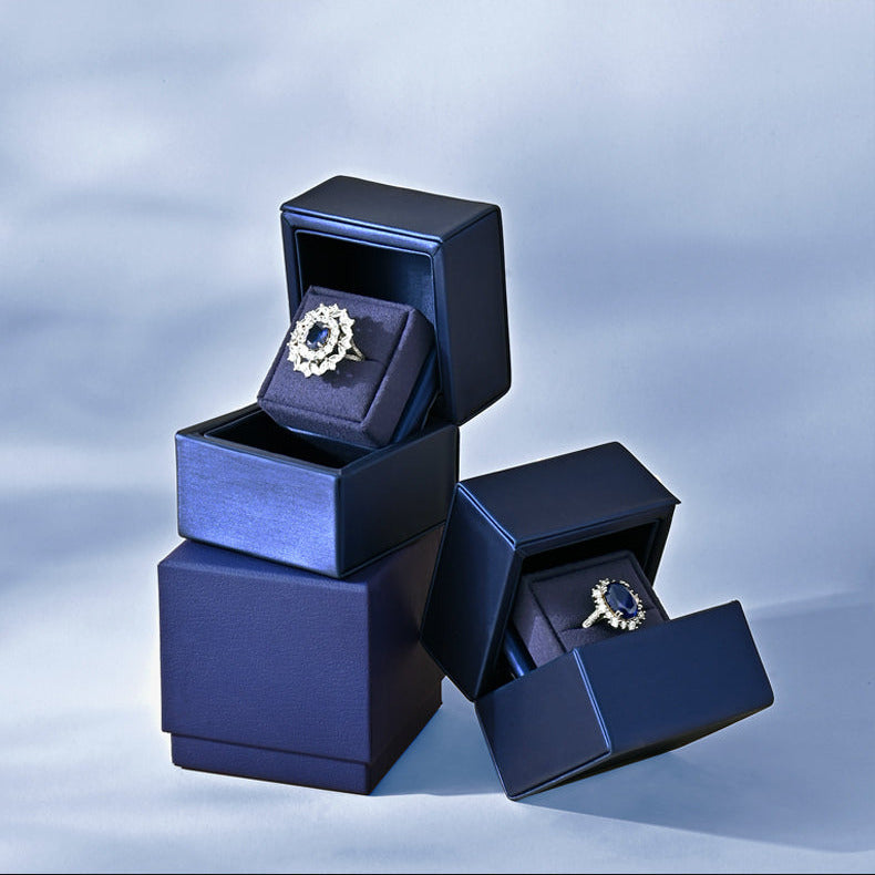 New Ring Storage Box Wedding Proposal Pair Ring Box Blue PU Leather Couple Ring Gift Box