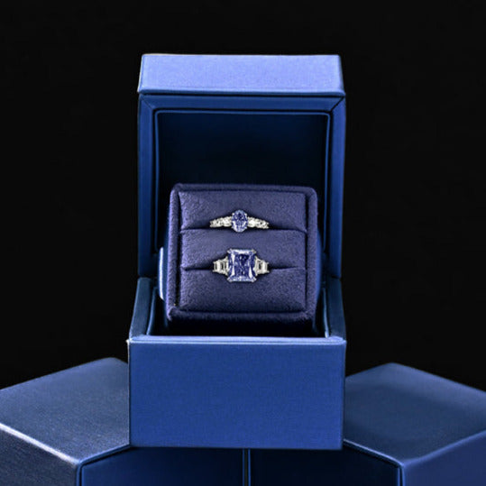 New Ring Storage Box Wedding Proposal Pair Ring Box Blue PU Leather Couple Ring Gift Box