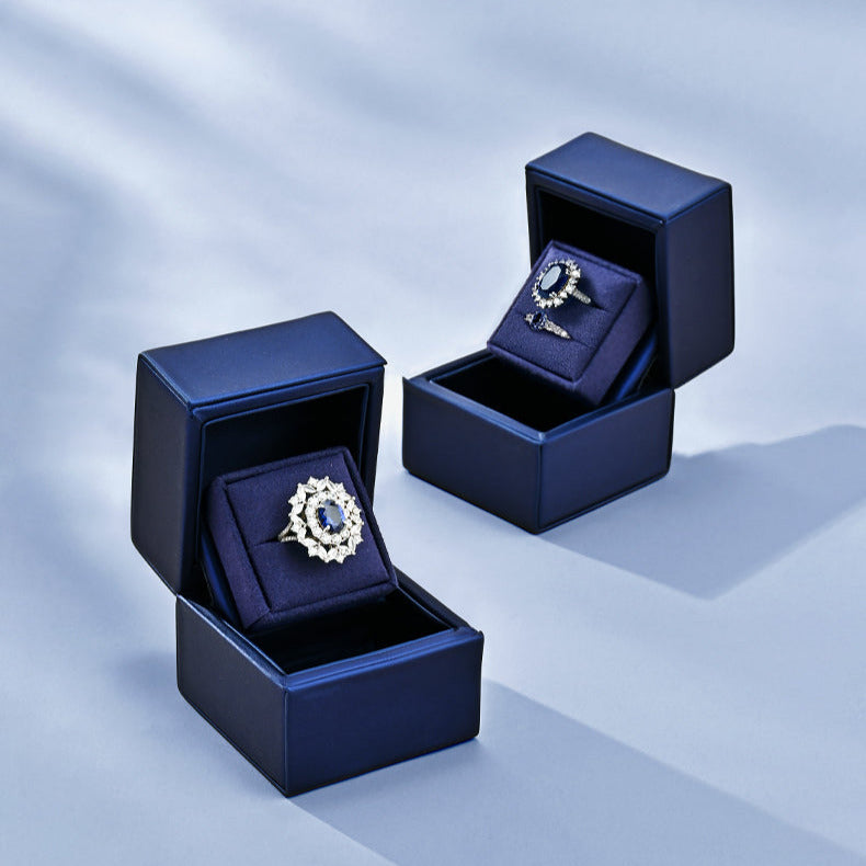 New Ring Storage Box Wedding Proposal Pair Ring Box Blue PU Leather Couple Ring Gift Box