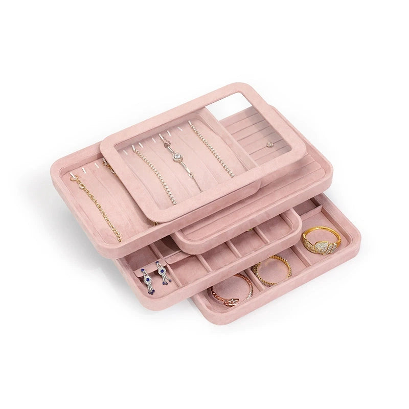 Velvet jewelry tray with lid dustproof jewelry storage box bracelet necklace bracelet ring stud jewelry display tray
