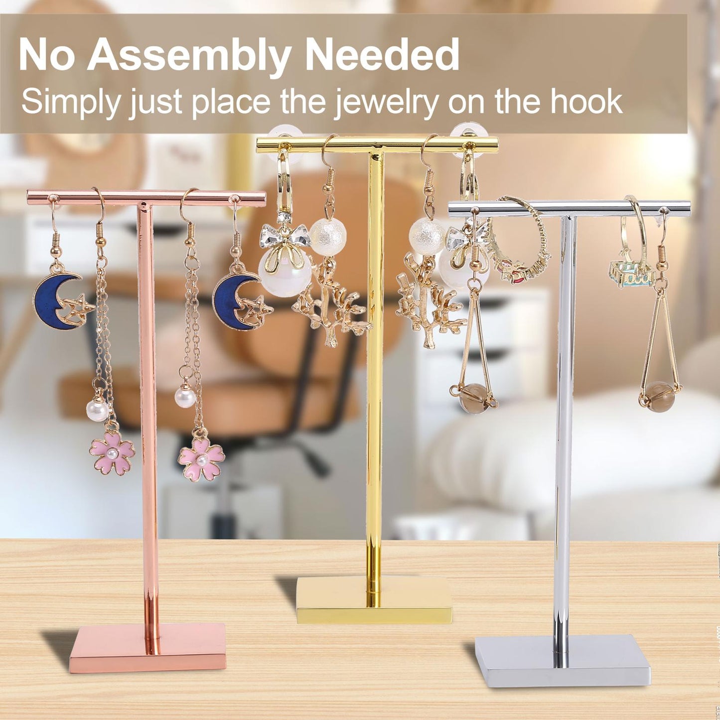T-shape metal shinny earring stand, shinny gold, silver, copper color, Earring Display props, Earring Stands