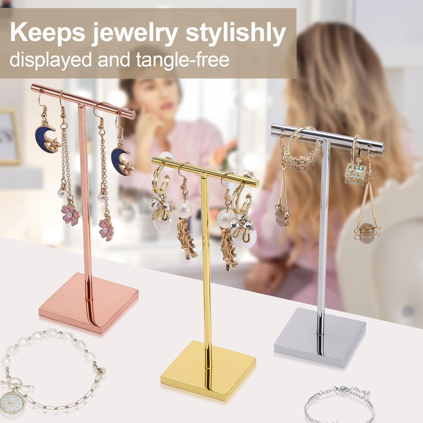 T-shape metal shinny earring stand, shinny gold, silver, copper color, Earring Display props, Earring Stands