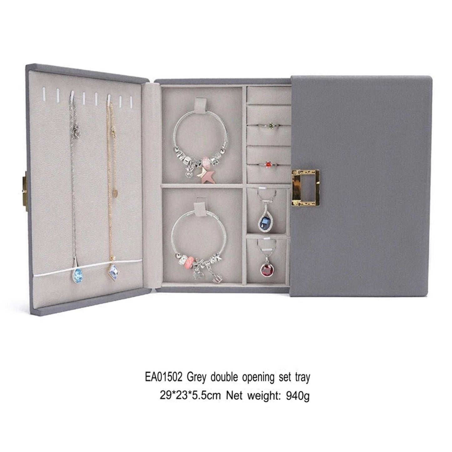 Double open jewelry storage box, metal buckle ring, necklace, stud earrings, pendants, jewelry storage, packaging, gift box