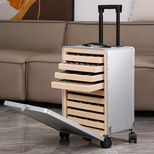Aluminium jewellery trolley case open with suede trays pulled out — Jim Display