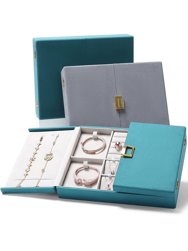 Double open jewelry storage box, metal buckle ring, necklace, stud earrings, pendants, jewelry storage, packaging, gift box