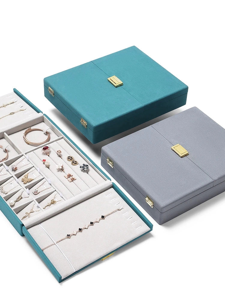 Double open jewelry storage box, metal buckle ring, necklace, stud earrings, pendants, jewelry storage, packaging, gift box