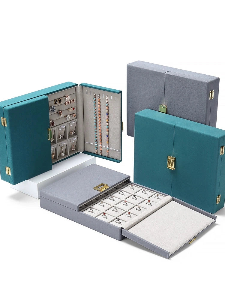 Double open jewelry storage box, metal buckle ring, necklace, stud earrings, pendants, jewelry storage, packaging, gift box