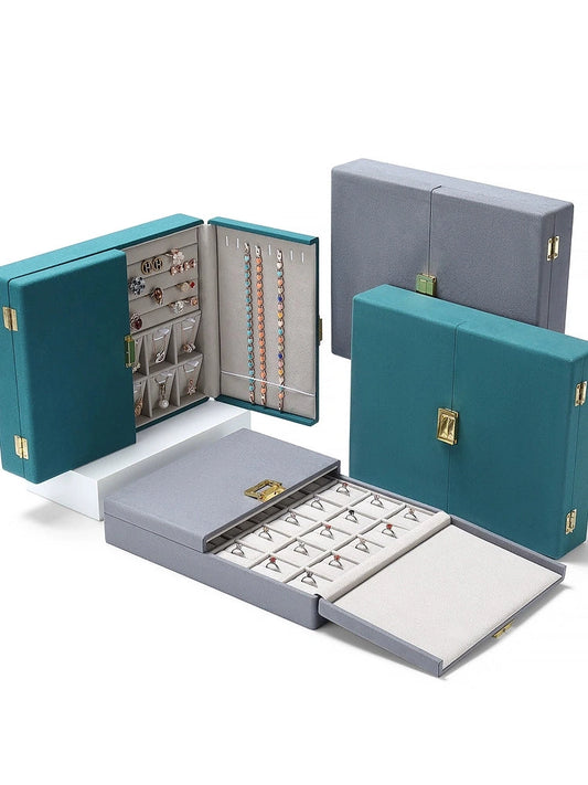 Double open jewelry storage box, metal buckle ring, necklace, stud earrings, pendants, jewelry storage, packaging, gift box