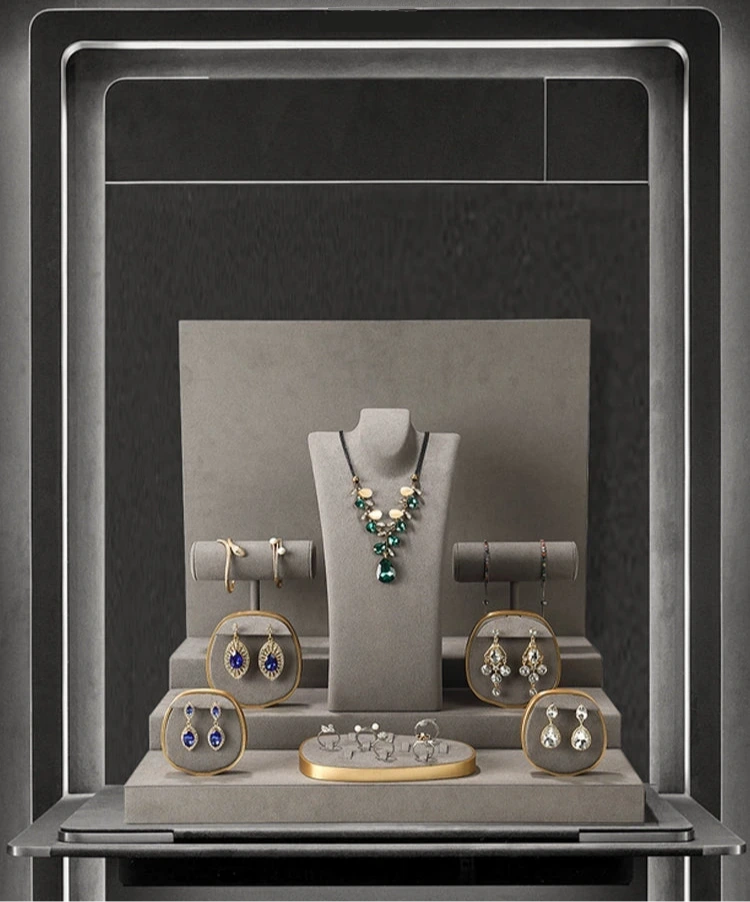 Luxury jewelry window display, props, rings, necklaces, earrings, jade display shelves, ladder jewelry display shelves