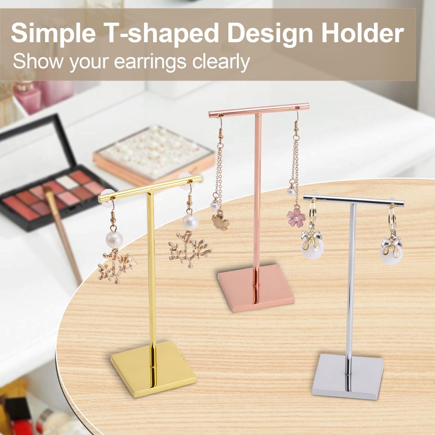 T-shape metal shinny earring stand, shinny gold, silver, copper color