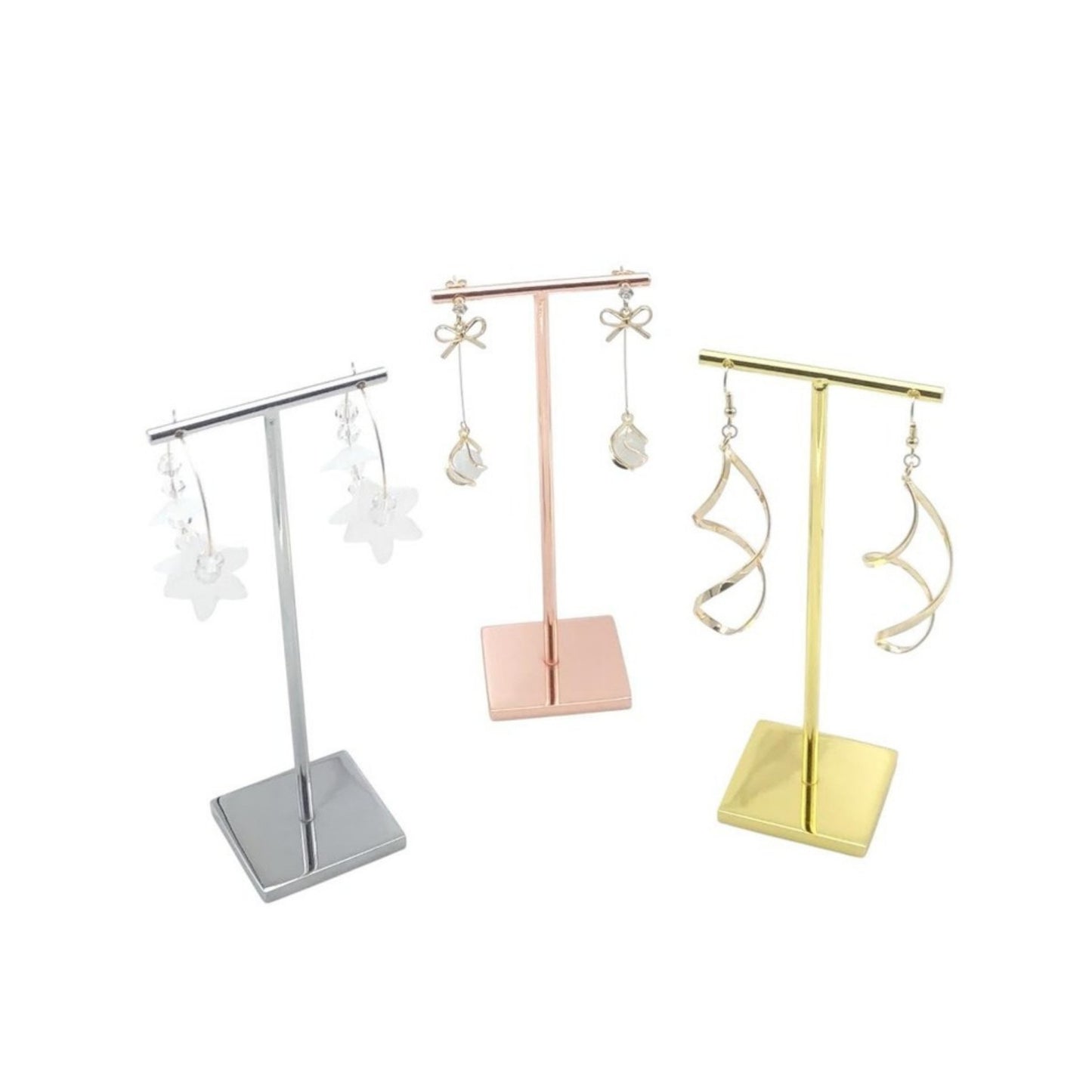 T-shape metal shinny earring stand, shinny gold, silver, copper color